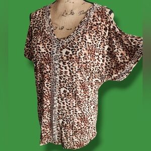 C. Oliver Leopard Cold Shoulder Embellished Top. Size M. NWT